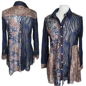 John Mark Womens Patchwork Button Up Tunic‎ Top Size M Floral Lace Sheer